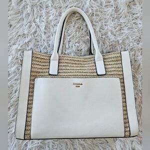 Dune London Woven Straw Stylish Handbag Tote Bag White Spacious Magnetic Closure